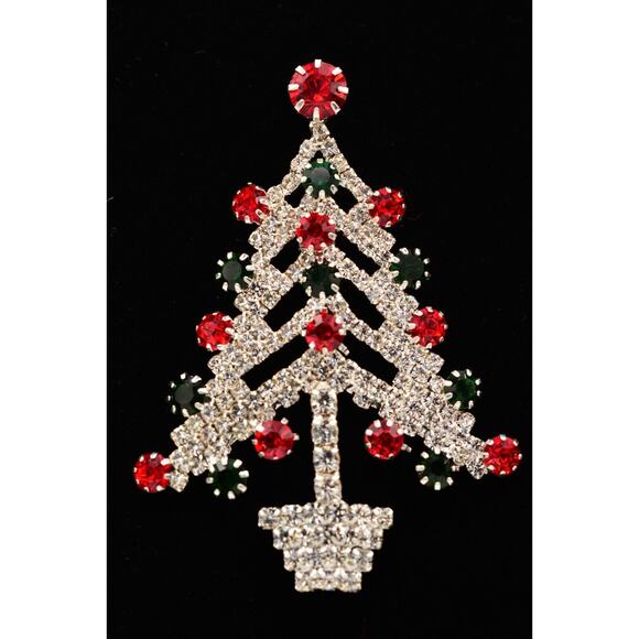 Vintage Christmas Tree Pin Brooch Prong Rhinestone Crystal Green Red Silver BinJ - Picture 1 of 12
